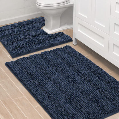 Chenille Striped Bath Rug Set with Non-Skid Backing