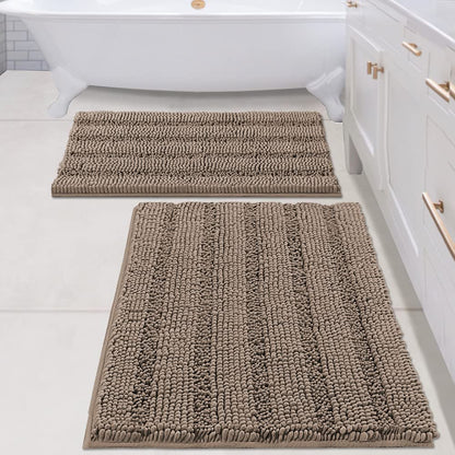 Chenille Striped Bath Rug Set with Non-Skid Backing