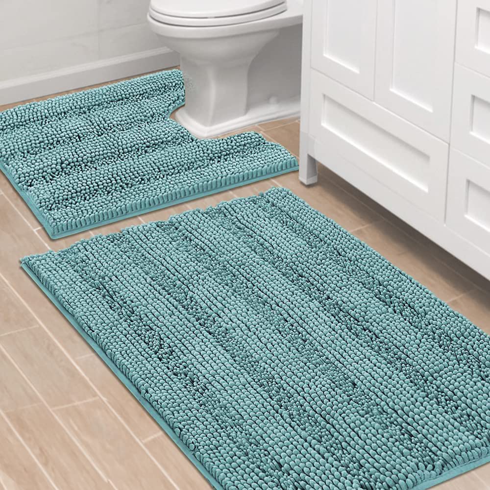 Chenille Striped Bath Rug Set with Non-Skid Backing