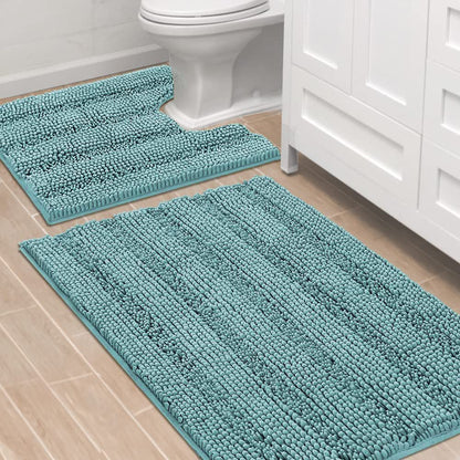 Chenille Striped Bath Rug Set with Non-Skid Backing