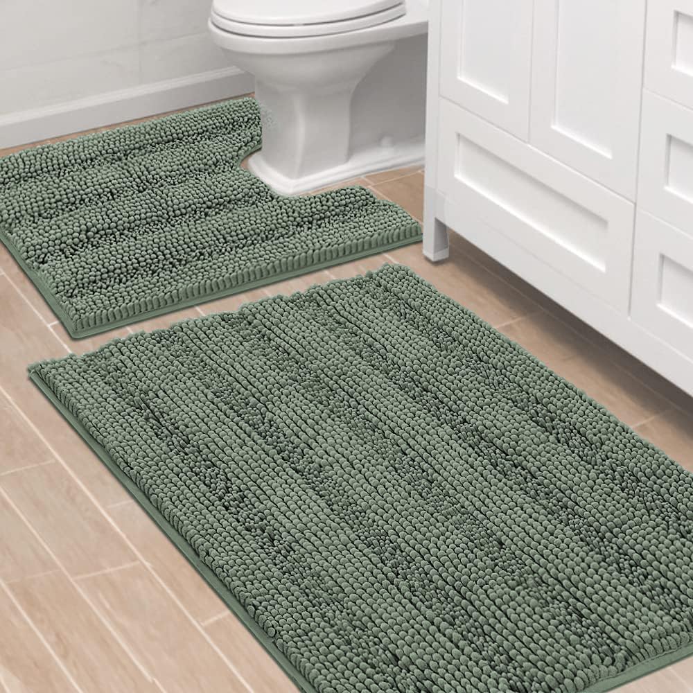 Chenille Striped Bath Rug Set with Non-Skid Backing