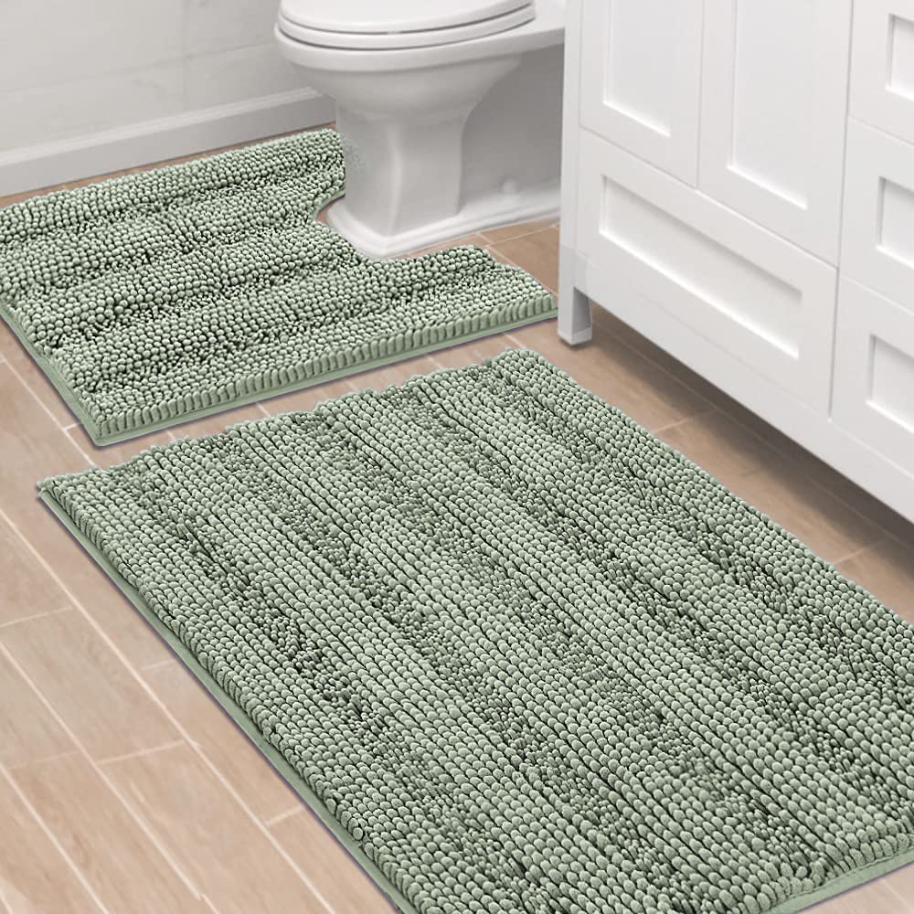 Chenille Striped Bath Rug Set with Non-Skid Backing