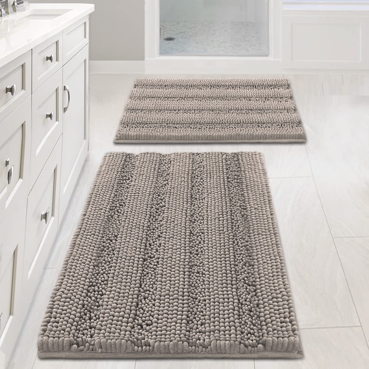 Chenille Striped Bath Rug Set with Non-Skid Backing