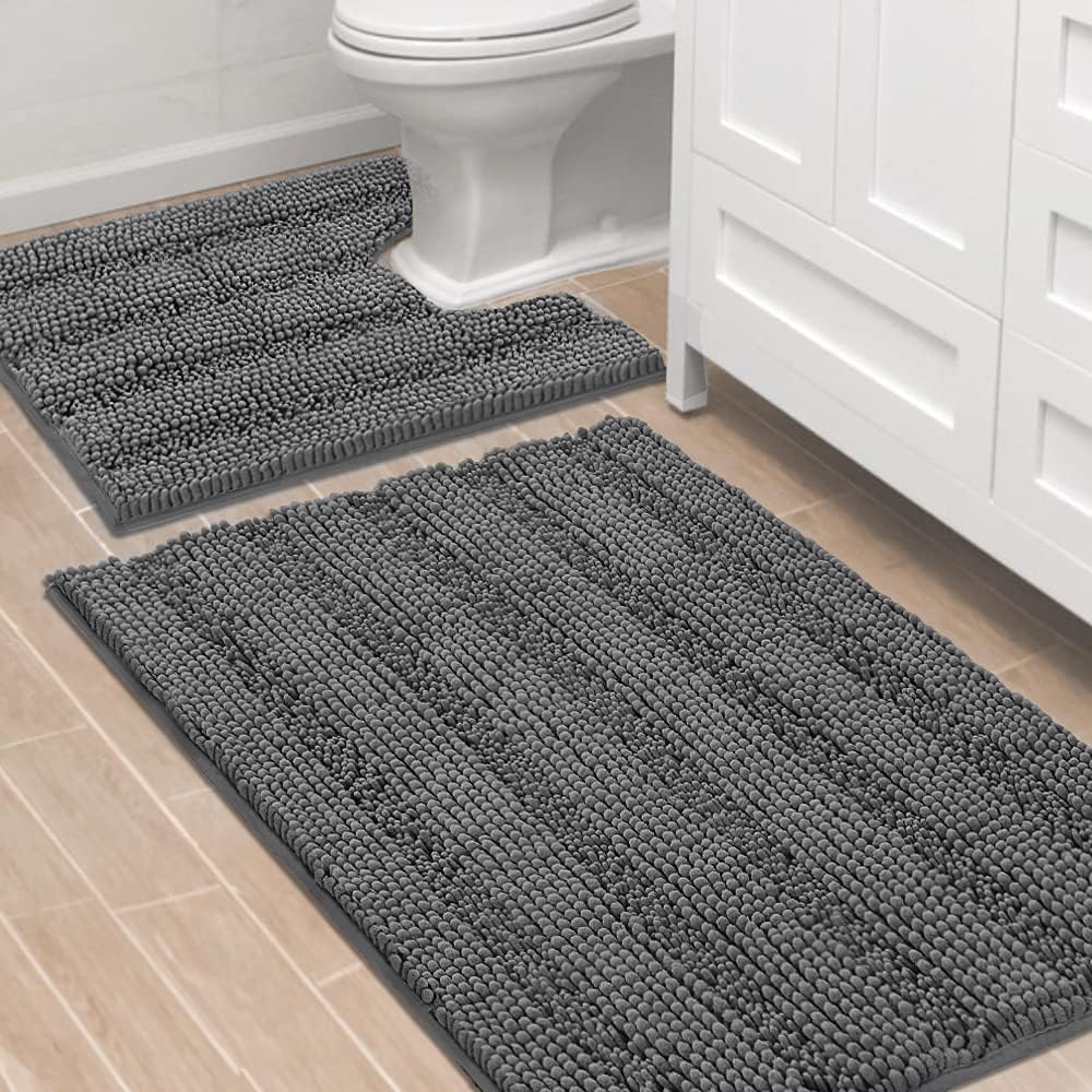 Chenille Striped Bath Rug Set with Non-Skid Backing