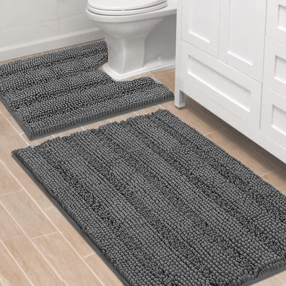 Chenille Striped Bath Rug Set with Non-Skid Backing