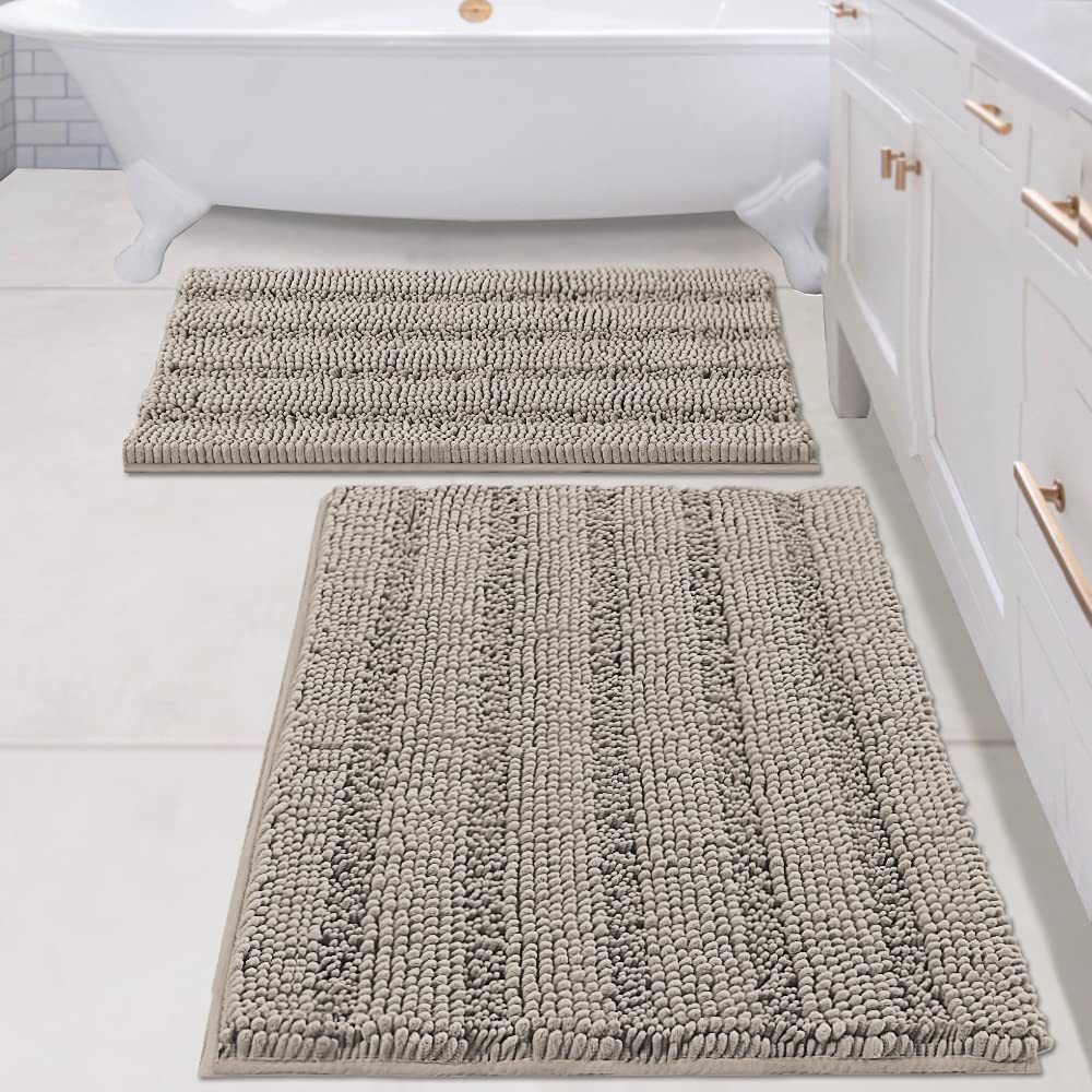 Chenille Striped Bath Rug Set with Non-Skid Backing