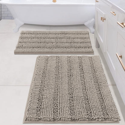 Chenille Striped Bath Rug Set with Non-Skid Backing