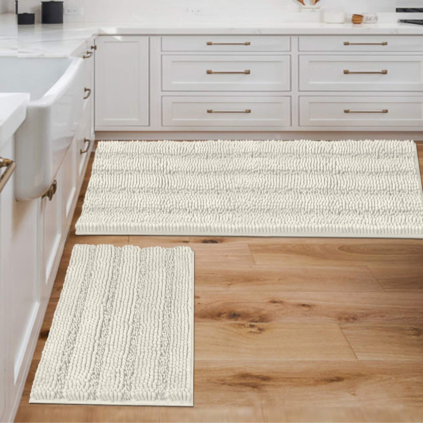 Chenille Striped Bath Rug Set with Non-Skid Backing