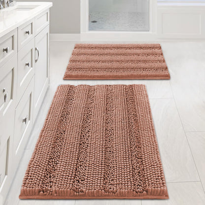 Chenille Striped Bath Rug Set with Non-Skid Backing