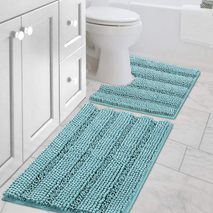 Chenille Striped Bath Rug Set with Non-Skid Backing