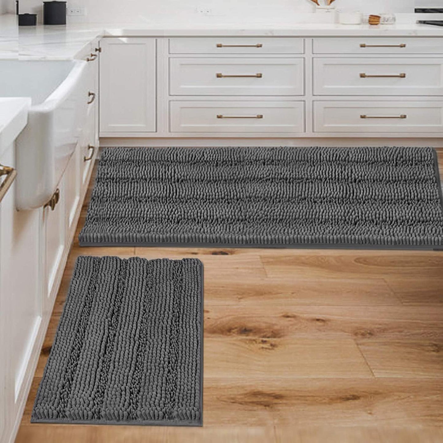 Chenille Striped Bath Rug Set with Non-Skid Backing