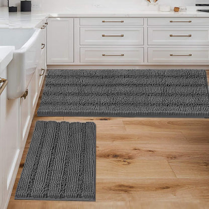 Chenille Striped Bath Rug Set with Non-Skid Backing