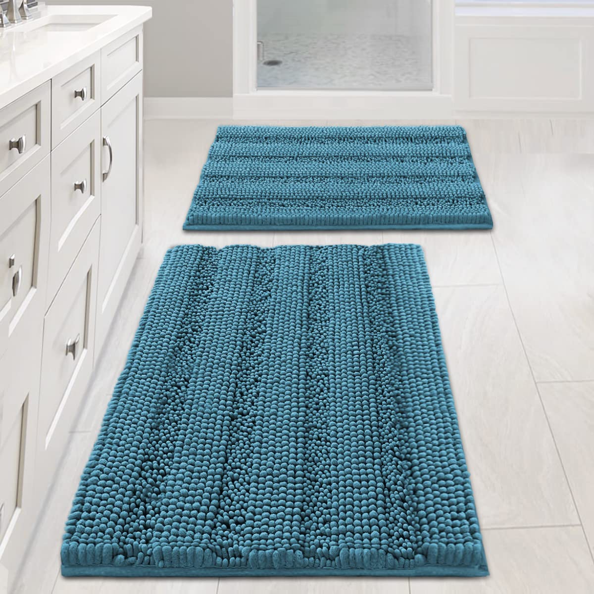 Chenille Striped Bath Rug Set with Non-Skid Backing