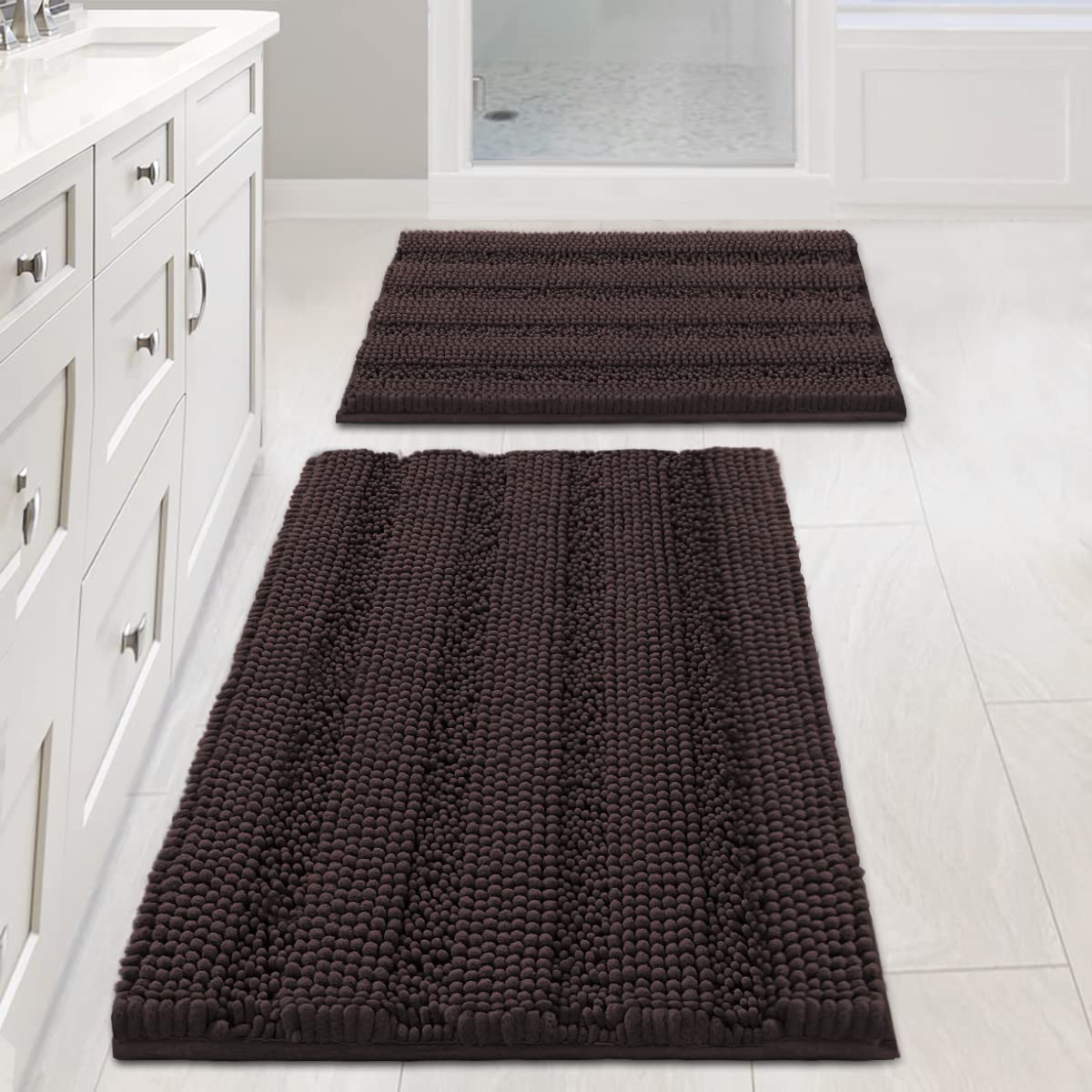 Chenille Striped Bath Rug Set with Non-Skid Backing
