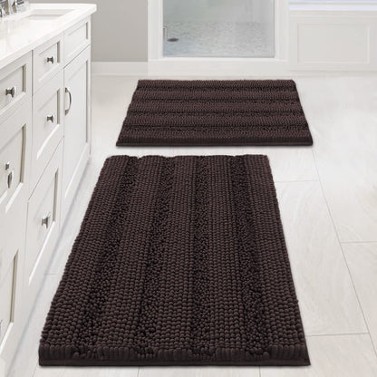 Chenille Striped Bath Rug Set with Non-Skid Backing