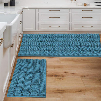 Chenille Striped Bath Rug Set with Non-Skid Backing