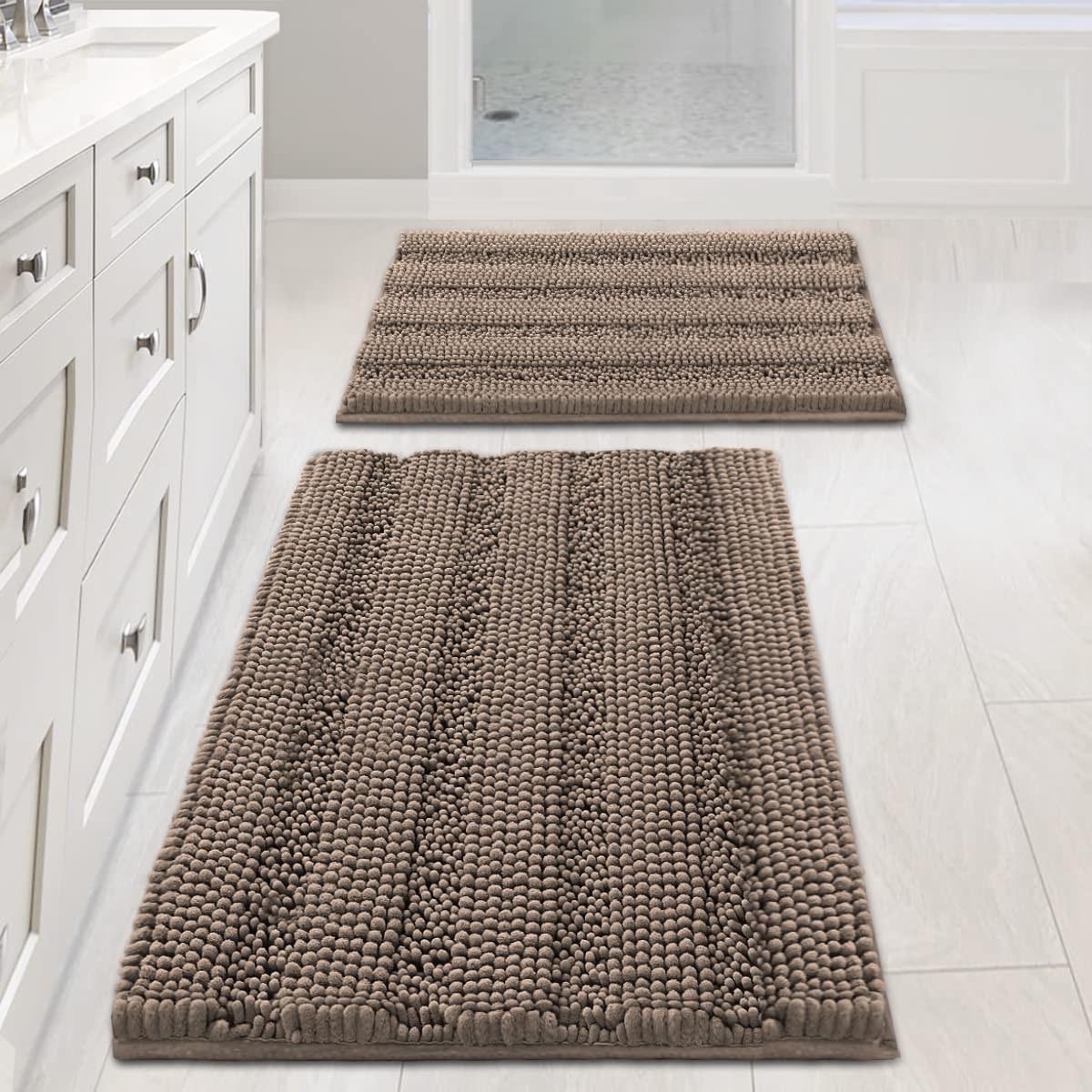 Chenille Striped Bath Rug Set with Non-Skid Backing