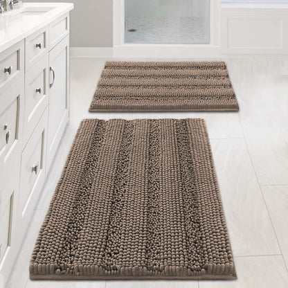 Chenille Striped Bath Rug Set with Non-Skid Backing