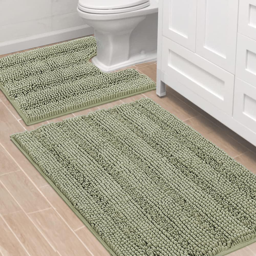 Chenille Striped Bath Rug Set with Non-Skid Backing