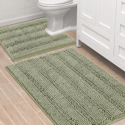 Chenille Striped Bath Rug Set with Non-Skid Backing
