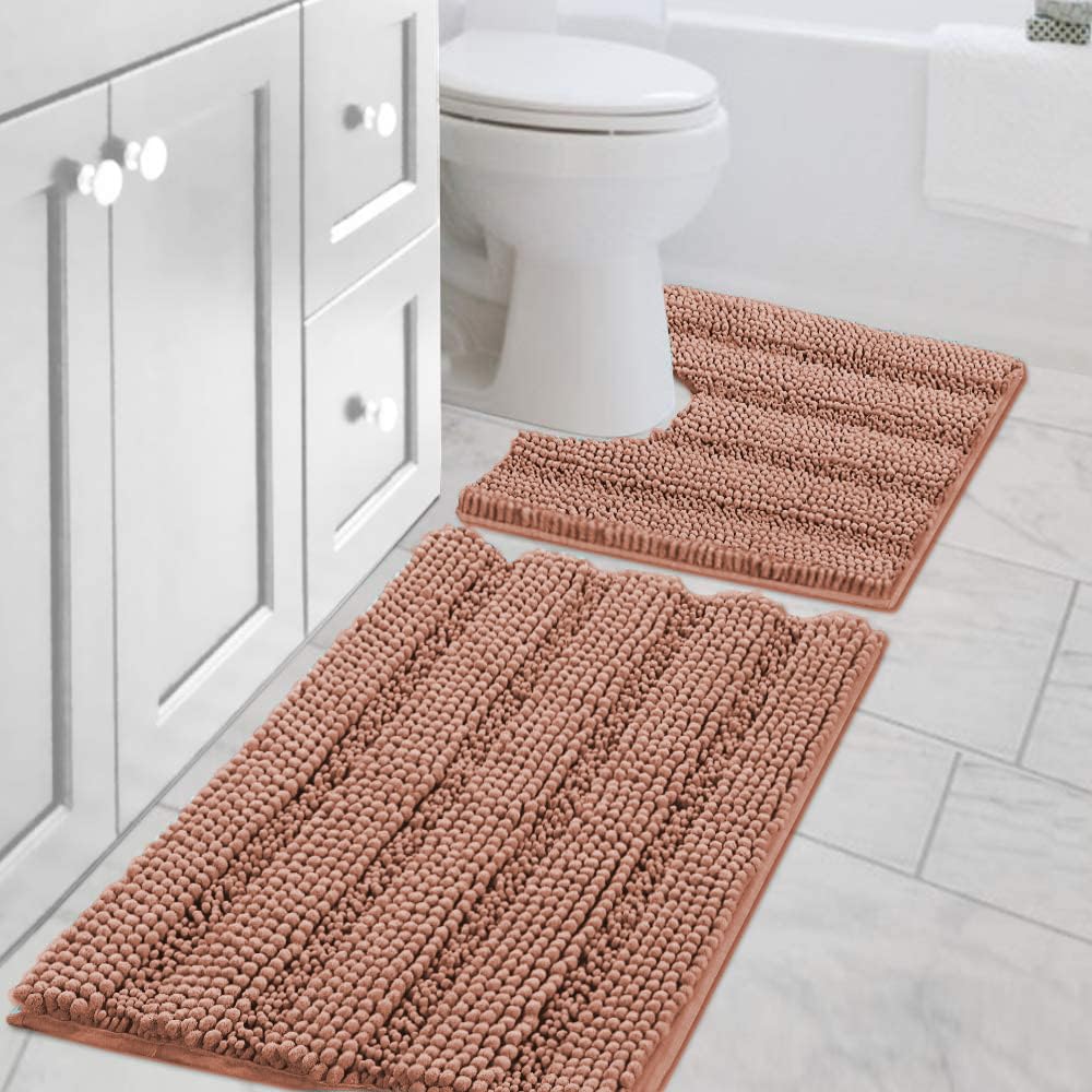 Chenille Striped Bath Rug Set with Non-Skid Backing