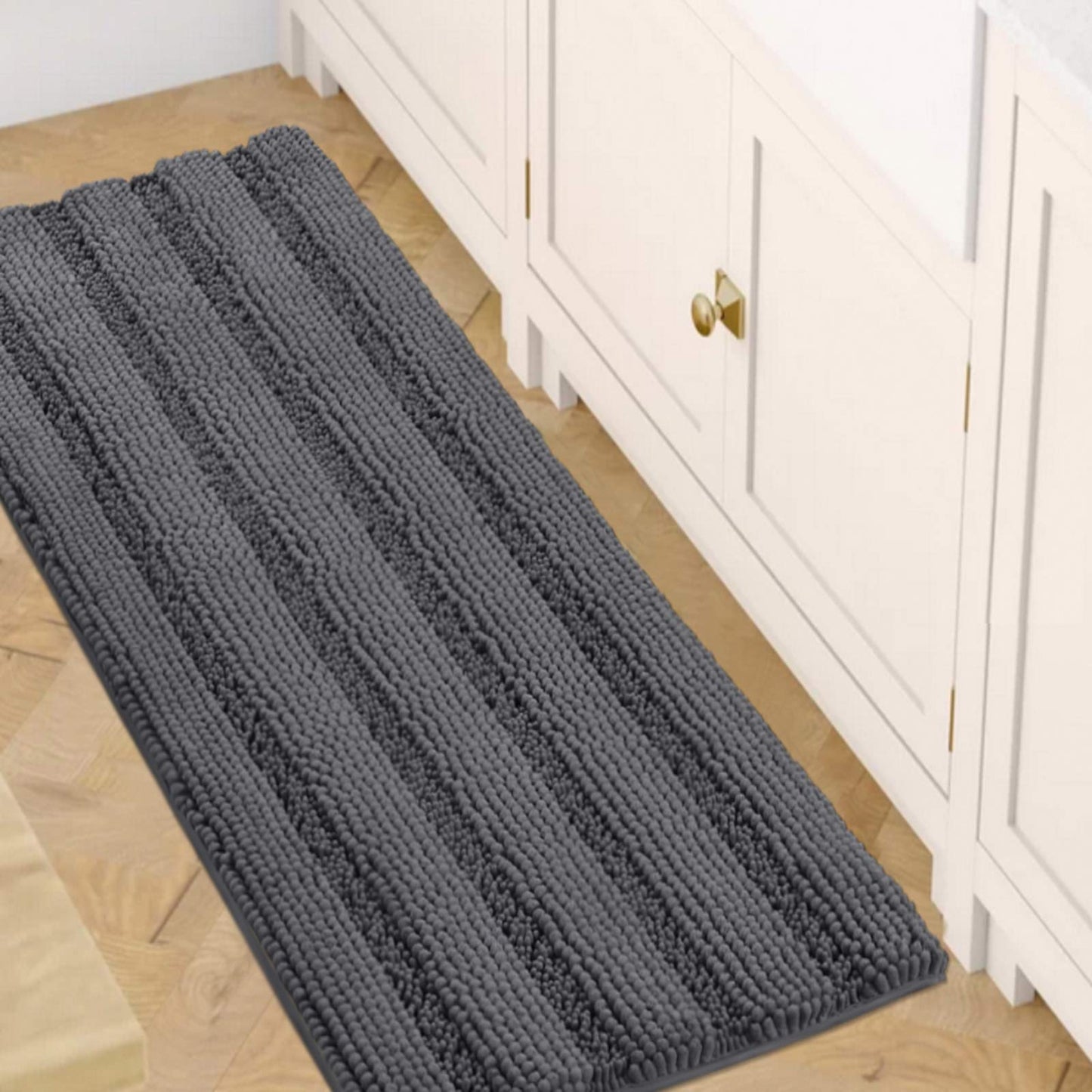 Chenille Striped Bath Rug Set with Non-Skid Backing