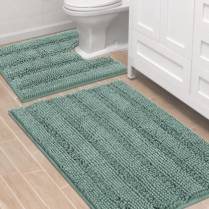 Chenille Striped Bath Rug Set with Non-Skid Backing