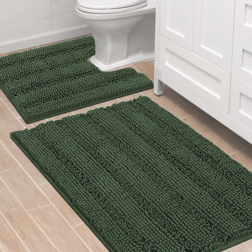 Chenille Striped Bath Rug Set with Non-Skid Backing