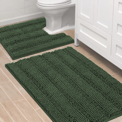 Chenille Striped Bath Rug Set with Non-Skid Backing