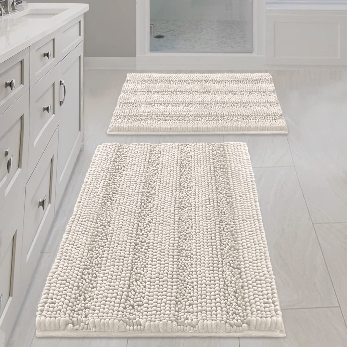 Chenille Striped Bath Rug Set with Non-Skid Backing