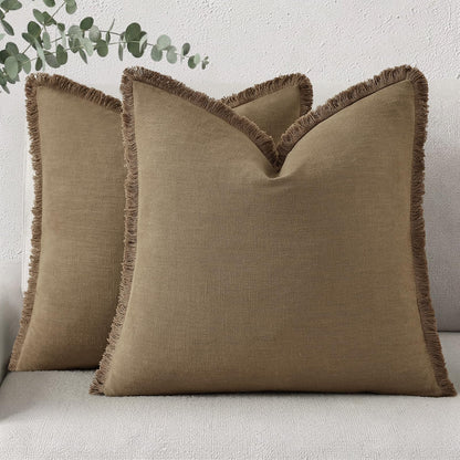 Neutral Linen Fringe Boho Pillow Covers Set of 2