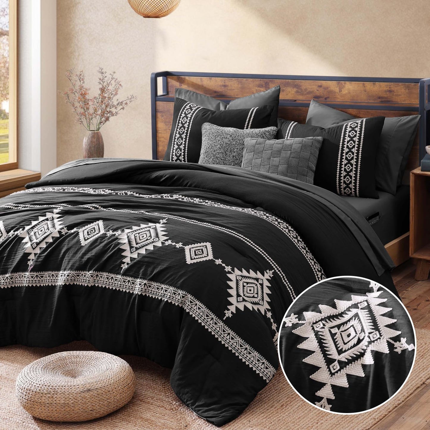 Boho Embroidered Bedding Set with Sheets and Shams