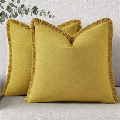 Neutral Linen Fringe Boho Pillow Covers Set of 2