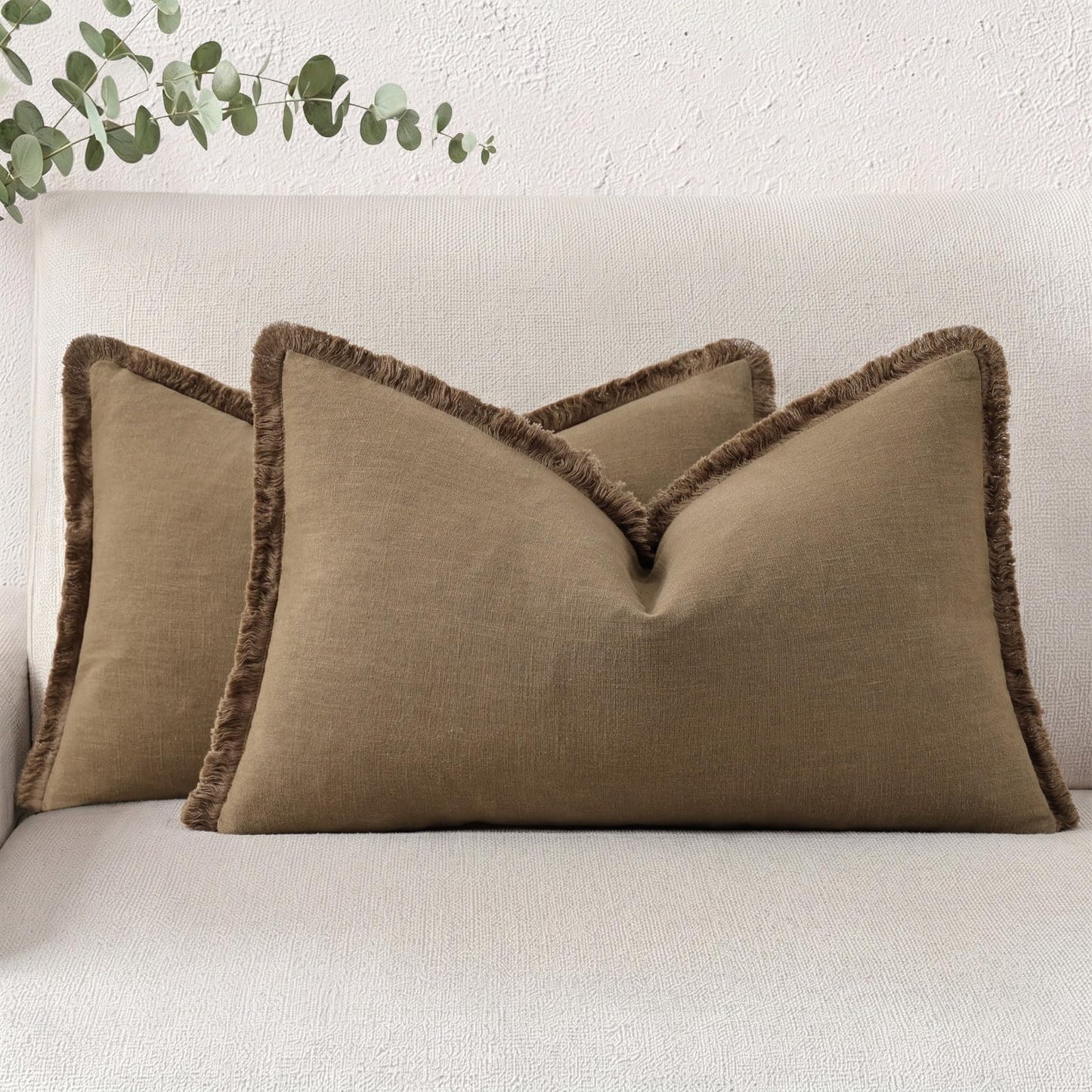 Neutral Linen Fringe Boho Pillow Covers Set of 2