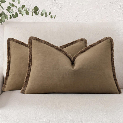 Neutral Linen Fringe Boho Pillow Covers Set of 2