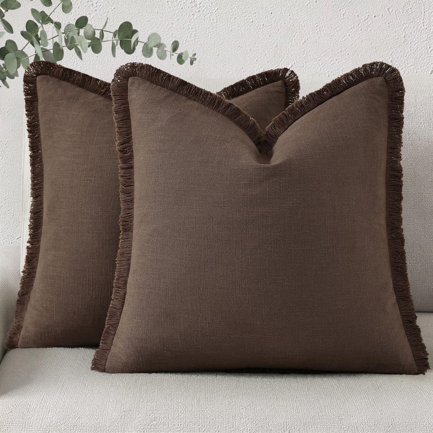 Neutral Linen Fringe Boho Pillow Covers Set of 2