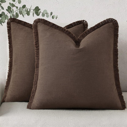 Neutral Linen Fringe Boho Pillow Covers Set of 2