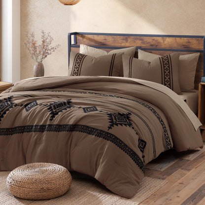 Boho Embroidered Bedding Set with Sheets and Shams