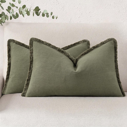 Neutral Linen Fringe Boho Pillow Covers Set of 2