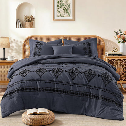 Boho Embroidered Bedding Set with Sheets and Shams