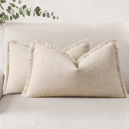 Neutral Linen Fringe Boho Pillow Covers Set of 2