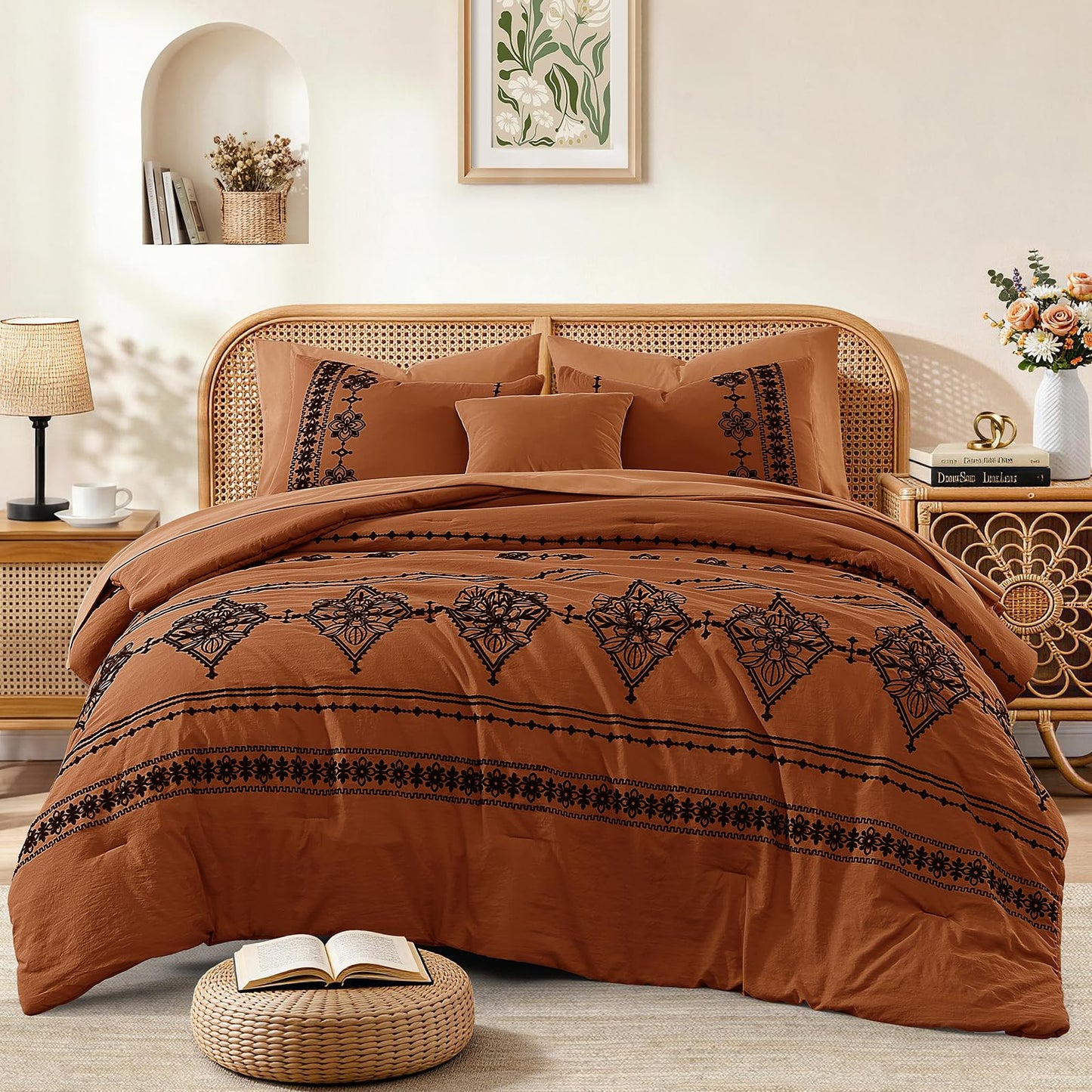 Boho Embroidered Bedding Set with Sheets and Shams