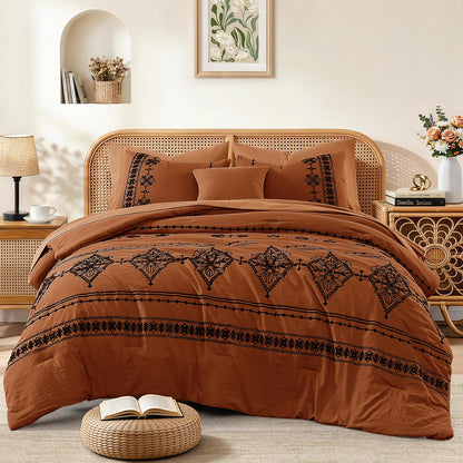 Boho Embroidered Bedding Set with Sheets and Shams