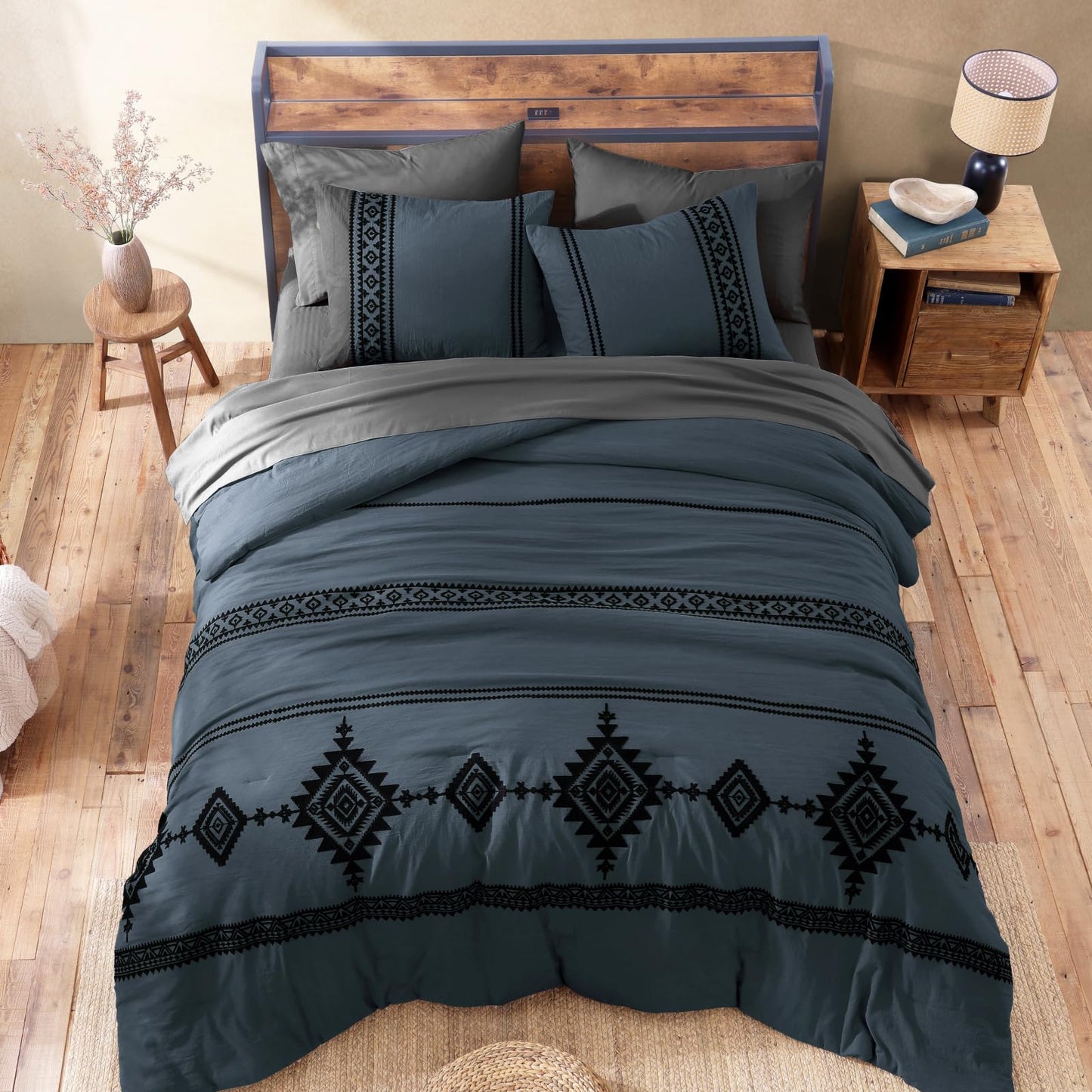 Boho Embroidered Bedding Set with Sheets and Shams