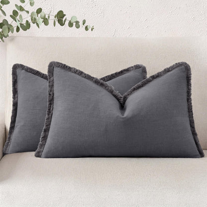 Neutral Linen Fringe Boho Pillow Covers Set of 2