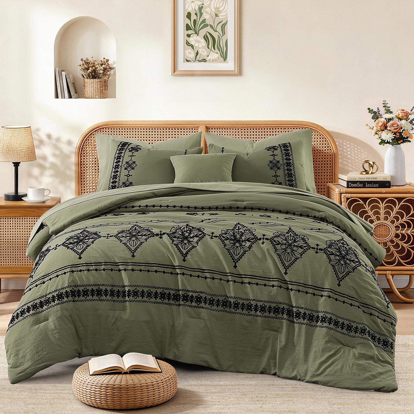 Boho Embroidered Bedding Set with Sheets and Shams