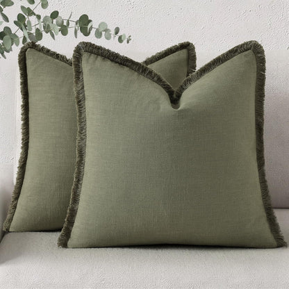 Neutral Linen Fringe Boho Pillow Covers Set of 2