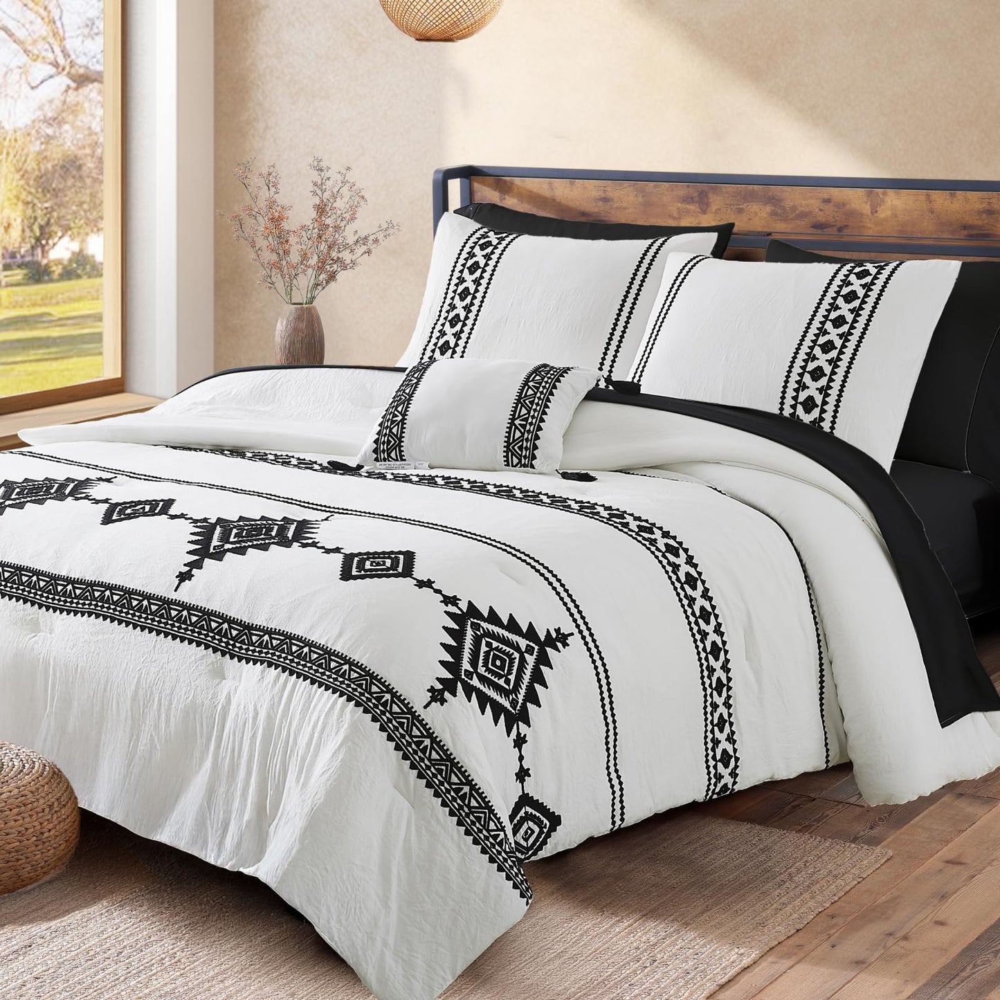 Boho Embroidered Bedding Set with Sheets and Shams