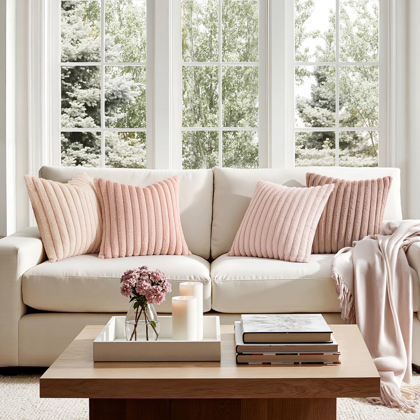 Fuzzy Striped Decorative Throw Pillows Set of 4