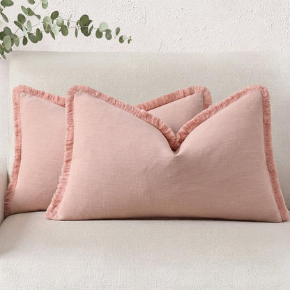 Neutral Linen Fringe Boho Pillow Covers Set of 2